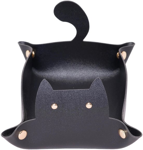 Zwarte dobbelsteenbak in de vorm van een kat met goudkleurige studs.
