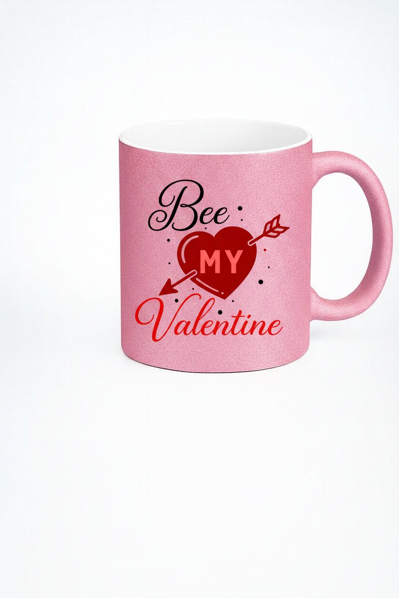 Valentijn Mok Roze Glitter 'Bee My Valentine' met Hart en Pijl - Romantisch Cadeau