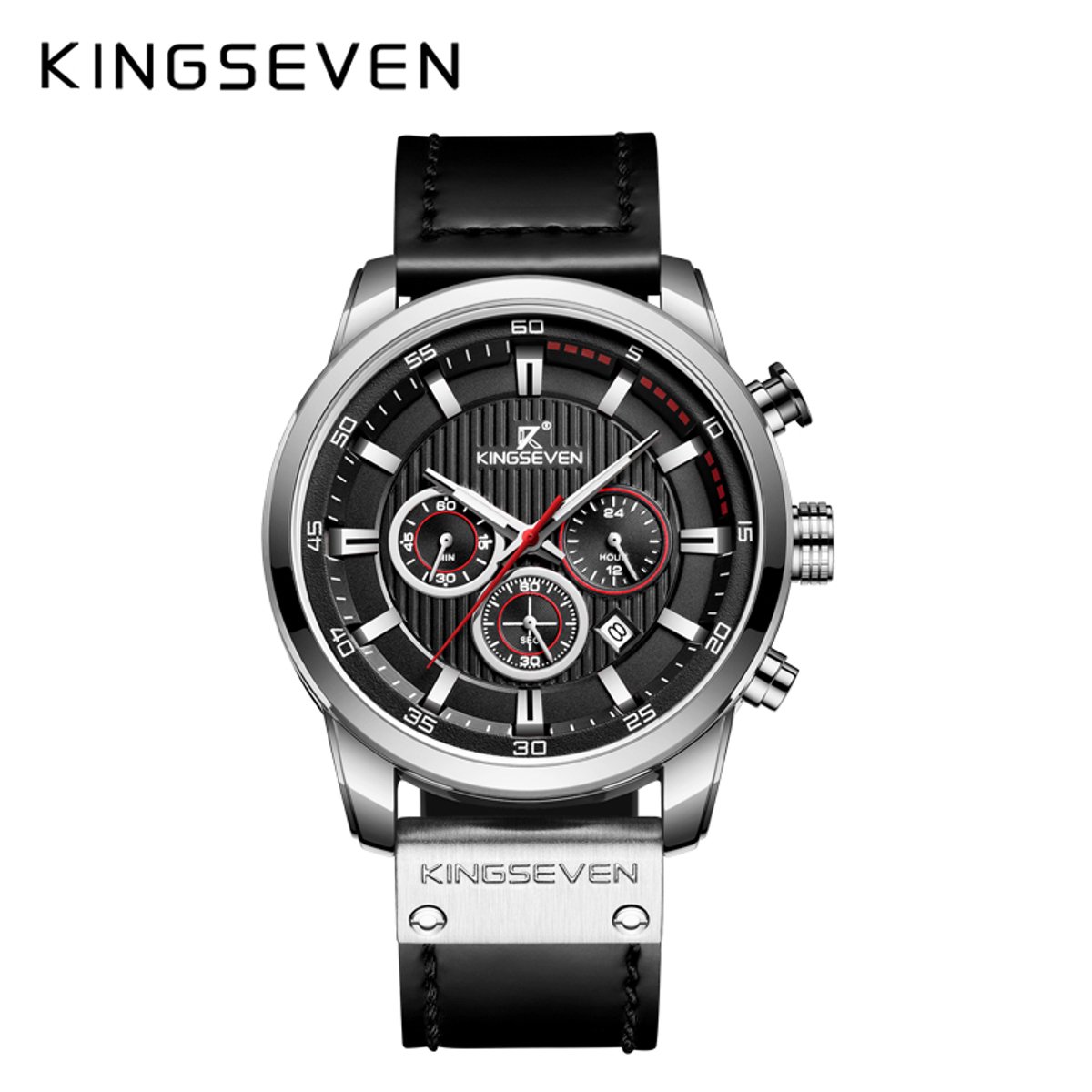 KINGSEVEN Herenhorloge 9507 - Zilverkleurig-Zwart - Quartz - Leren Band - Roestvrij Staal - Datum Aanduiding - Sportief Klassiek Design - 45mm