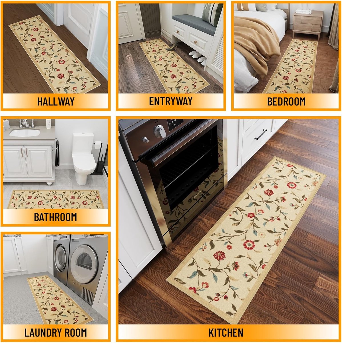 Moderne rubberen loper met bladerendesign 50 cm x 150 cm in beige
