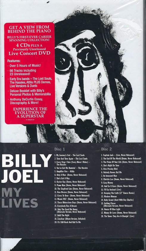Een zwart-wit portret van Billy Joel, met de titel "MY LIVES" en productdetails.