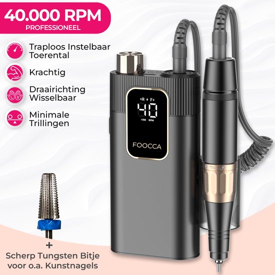 FOOCCA® Elektrische Nagelvijl - Nagelfrees 40000 RPM - Oplaadbaar - FOOCCA Portable - 12 Bitjes + 65 Schuurrolletjes + 3 Accessoires - Nagelstofkap - Manicure en Pedicure Set - Broekriemclip - Eeltverwijderaar - Kalknagels