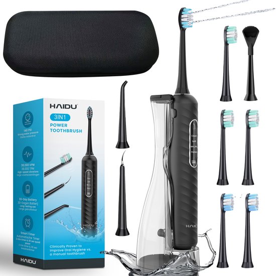 HAIDU 3 in 1 Elektrische Tandenborstel met Waterflosser – 4 Verschillende Opzetstukken – 5 Opzetborstels – 180ml Waterreservoir – Reisetui – Zwart – Premium Plus Bundel