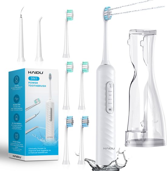 HAIDU 3 in 1 Elektrische Tandenborstel – 3 Verschillende Opzetstukken – 5 Opzetborstels – 180ml Waterreservoir – Monddouche – Wit – Premium Bundel