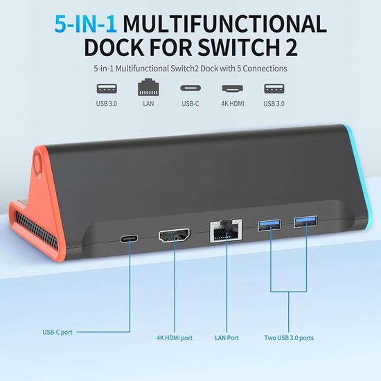 Zwarte 5-in-1 multifunctionele dock voor Switch 2 met oranje accenten. Beschikt over USB 3.0, LAN, USB-C en 4K HDMI-poorten.