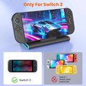 Een Switch 2 op een zwarte dock met oranje en blauwe accenten, met een auto op het scherm. Kleinere afbeeldingen tonen Switch 2 en compatibele/incompatibele consoles.
