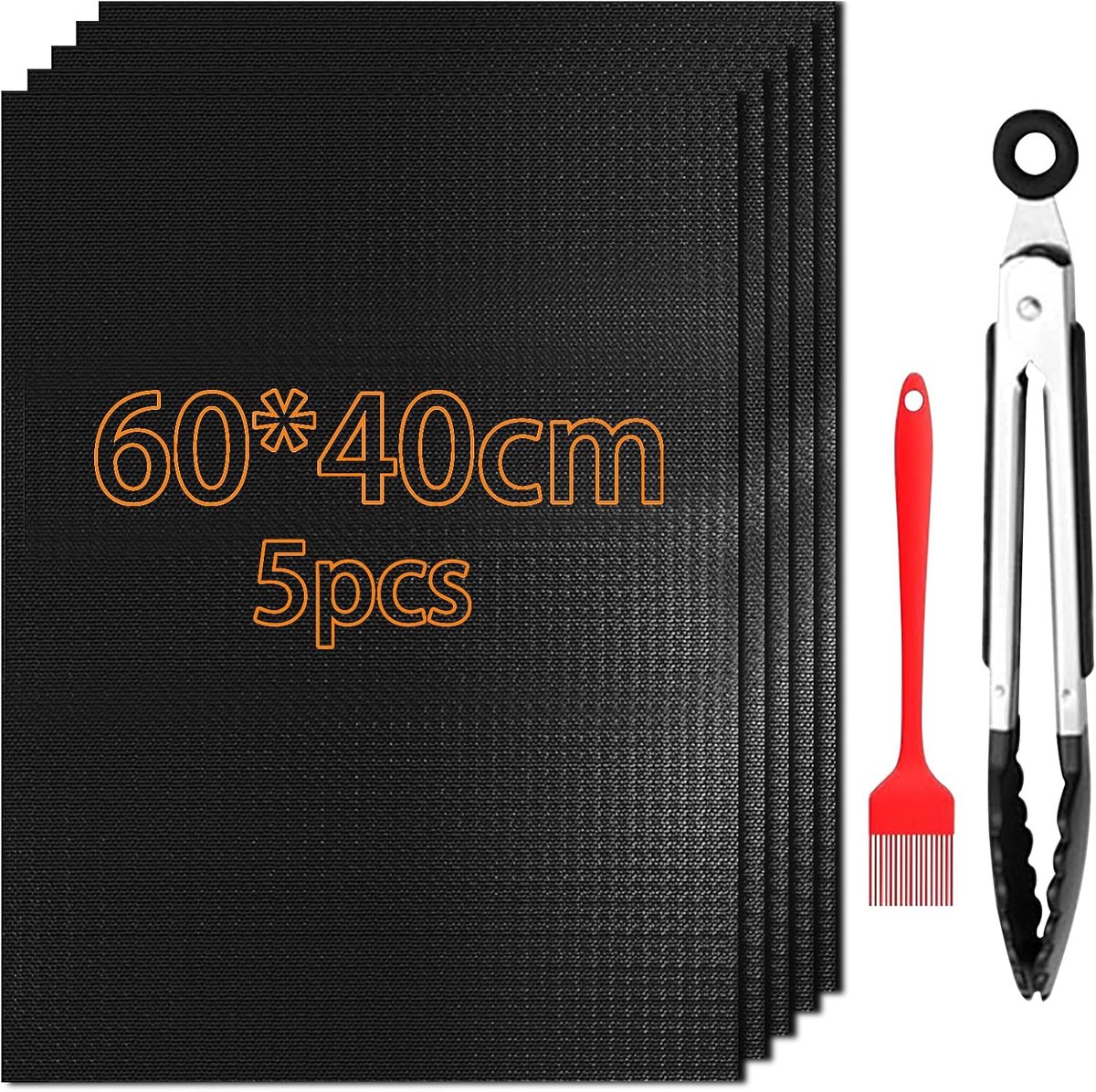 Famanu - BBQ-grillmat, anti-aanbak, grillmatten voor gasgrill, 5-delige set, 40 x 60 cm, grillplaat, gasgrill voor houtskoolgrill, bakmat, bakpapier, herbruikbaar, grillplaat met kwast en clip