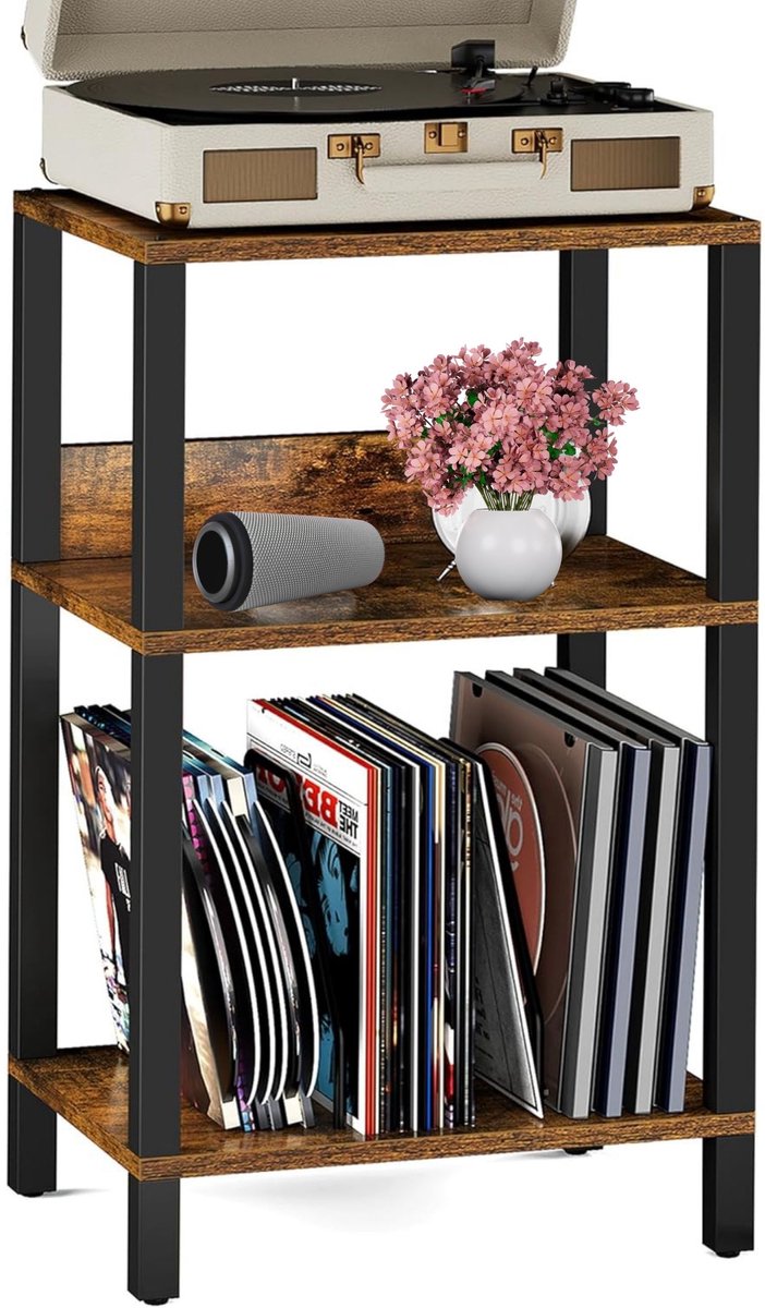 Signature Home LP Opbergsysteem - Platenspeler Meubel met opbergruimte - Vinyl Opbergsysteem - voor 100 albums - Stand Platenspelerstandaard - bruin - Zwart