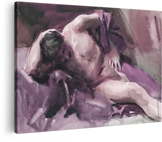 Canvas schilderij van een liggende man in paars en roze aquarel stijl, op een witte achtergrond.