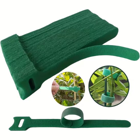 Een stapel groene klittenband plantenbinders met een fastener, met een ongebruikte binder en voorbeelden van gebruik.