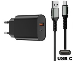 OneOne 20W snellader met 2 poorten + 0,25m sterke USB C kabel. PD lader. Oplader adapter past op Samsung Galaxy S8, S9, A07, A17, F36, M36, F56, Tab Active 5 Pro, Tab S9, S9 FE, Tab S10 Lite, S10+, S10 FE+, S10 Ultra
