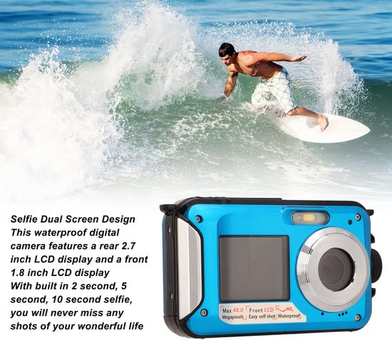 Maxmango D70 4K Onderwatercamera – 48MP, 3 Meter Waterdicht, Dubbel Scherm, 32GB Kaart – Ideaal Voor Snorkelen!