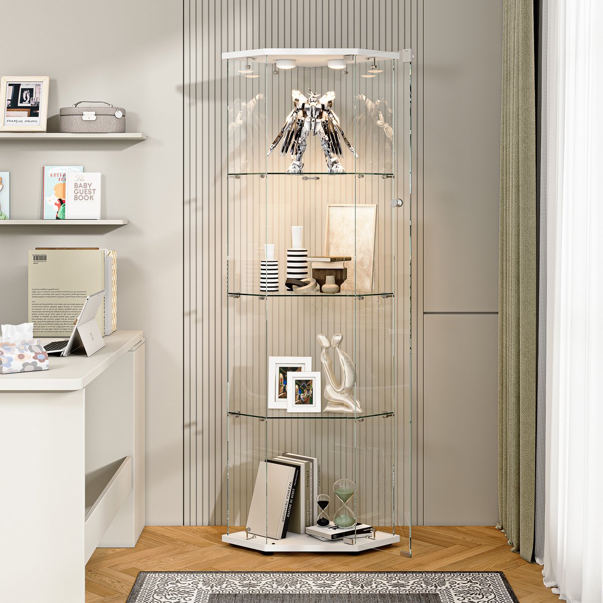 Vitrinekast van Gehard Glas met LED – Vijfhoekige Displaykast met Slot, 4 Planken