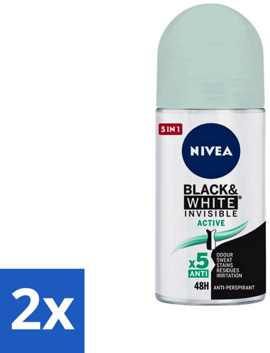 2 x Nivea - Deodorant - Roller - Black & White Invisible - Active - 50 ml - Anti-transpirant - Zweetvermindering - Deodorant Roller - Zweetbescherming - Kledingbescherming