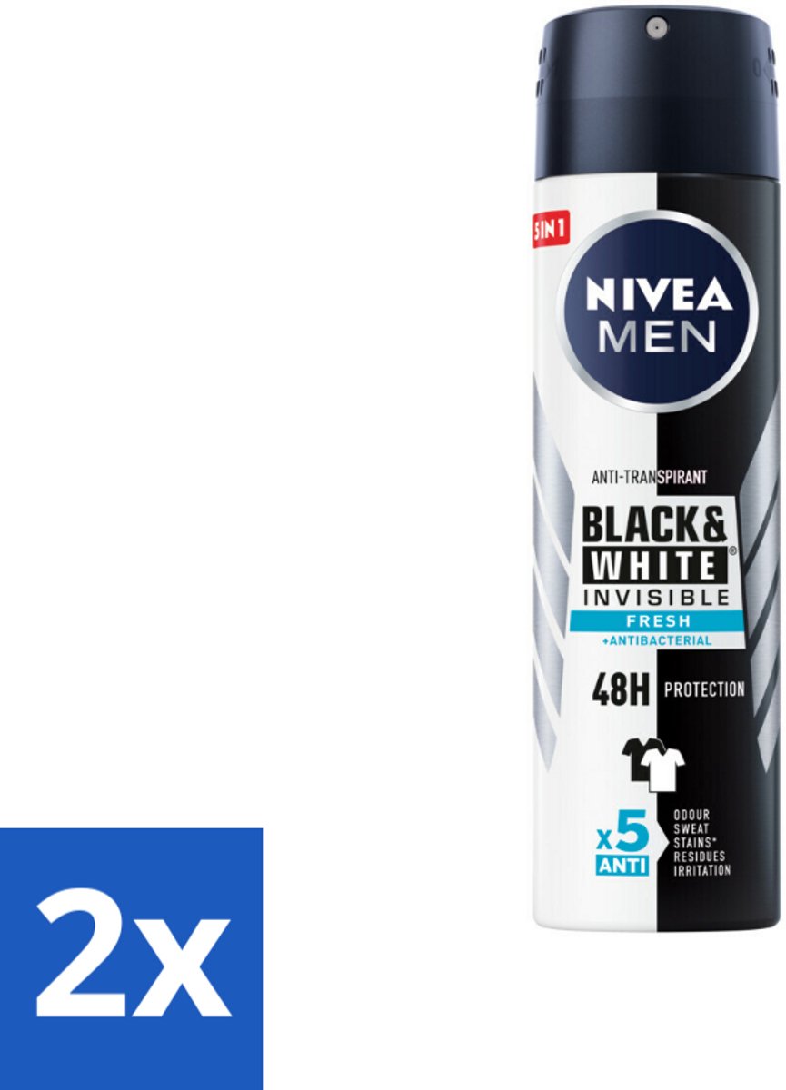 2 x NIVEA Men Deodorant Spray Invisible for Black & White Fresh 150 ml - Anti-transpirant - Deodorant Spray - Zweetvoorkomend - Vlekkenvoorkomend - Huidvriendelijk