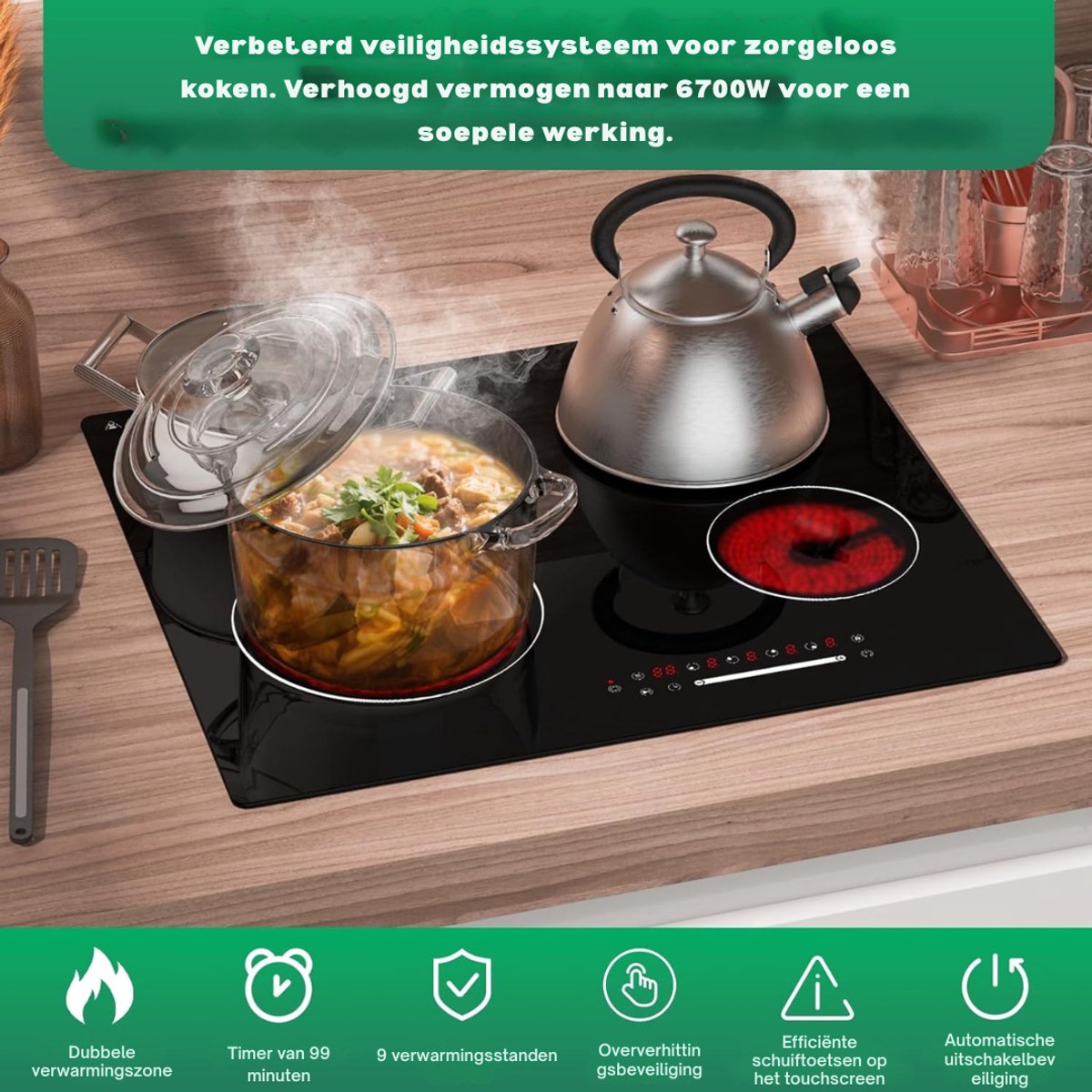RVV® Elektrische Kookplaat 4 Pits - Elektrische Fornuis - Elektrische Kookplaat Vrijstaand - 4 Kookzones - Kinderslot - Zwart - 53cm x 59cm x 6cm