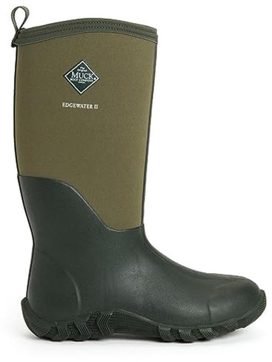Donkergroene laars met olijfgroene schacht, 'Muck Boot Company'-logo en 'Edgewater II'-opschrift.