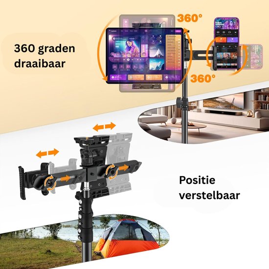 Zwart statief met tablet en telefoonhouder, 360 graden draaibaar en in positie verstelbaar.