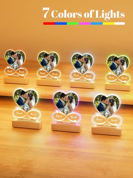 Lunekiss Valentijn Cadeau Foto Nachtlamp - Acryl Plaque Gepersonaliseerd met Naam & Datum - 7 Kleuren LED - USB van Merkloos — afbeelding 3