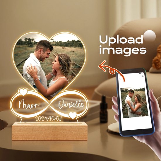 Lunekiss Valentijn Cadeau Foto Nachtlamp - Acryl Plaque Gepersonaliseerd met Naam & Datum - 7 Kleuren LED - USB van Merkloos — afbeelding 2