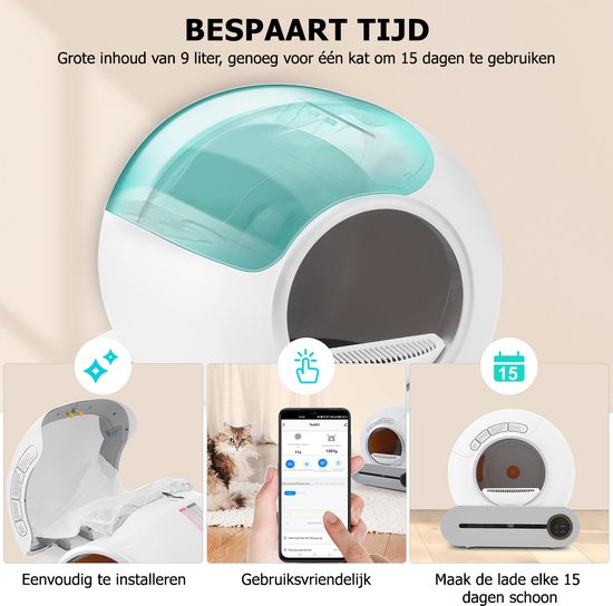 Witte, zelfreinigende kattenbak met turquoise bovenzijde. Toont installatie, app-bediening en onderhoudsgemak.