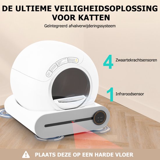 Witte, zelfreinigende kattenbak met grijze basis, toont veiligheidssensoren en infrarood.