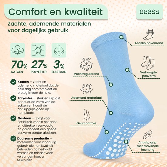 Lichtblauwe sok met details over materiaal en functionaliteit: ademend, vochtregulerend, antislip boord en verhoogde pasvorm.