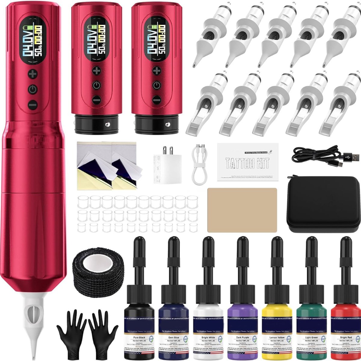 Tattoo Machine met Accessoires - Tattoo Machines Draadloos - Tattoo Set Inclusief Inkt en Naalden - Tattoo Kit - Rood