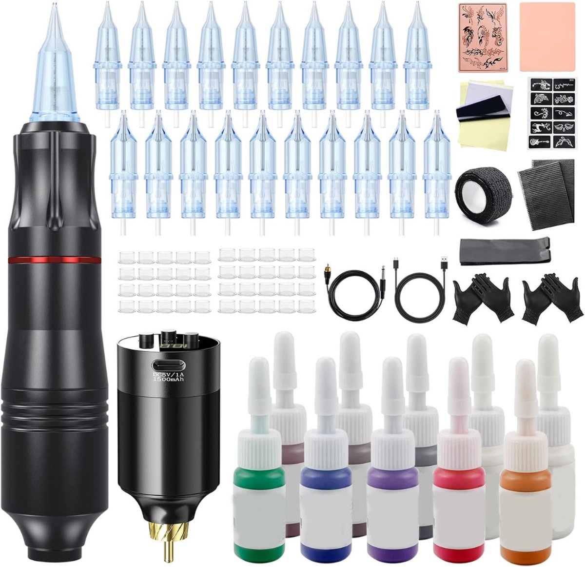Tattoo Machine met Accessoires - Tattoo Machines Draadloos - Tattoo Set Inclusief Inkt en Naalden - Tattoo Kit - Zwart
