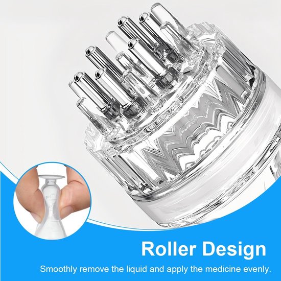 Close-up van de 7 metalen rollers van een transparante vloeistofapplicator. Inzet: hand die een applicator vasthoudt. Tekst: 'Roller Design'.