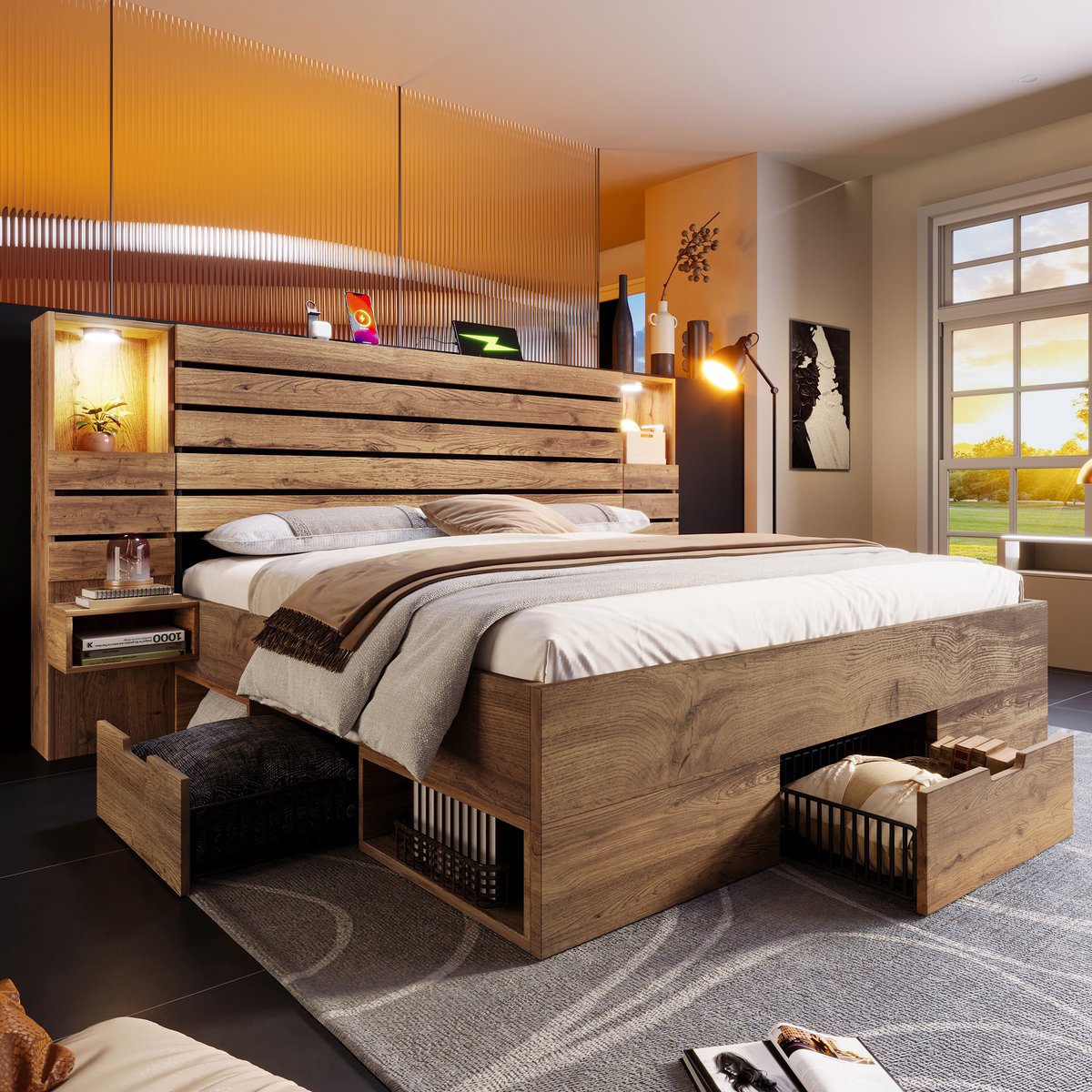Tweepersoonsbed 180x200 cm - met LED-verlichting en USB Type-C - met verlichte groef - met opberglades - eik - zonder matras