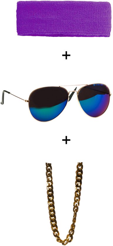 Paarse hoofdband, zonnebril en gouden ketting.