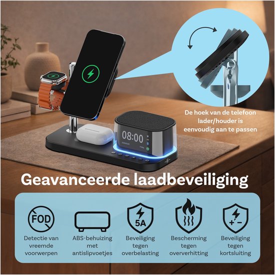 Oplaadstation met geavanceerde beveiliging: FOD, ABS-behuizing, beveiliging tegen overbelasting, oververhitting en kortsluiting. Telefoonhouder is verstelbaar.