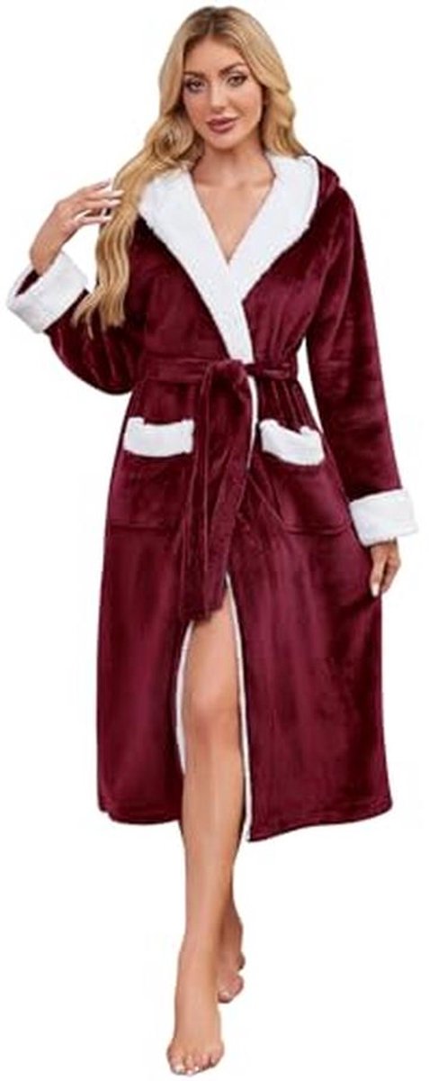 Dames flanellen ochtendjas met capuchon – Lange pluche fleece badjas – Warme winterbadjas voor vrouwen – Zachte loungewear