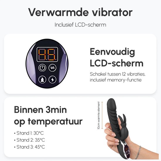 Zwarte, verwarmde vibrator met LCD-scherm. De vibrator is 10cm warmte-element. Hand wordt vastgehouden.