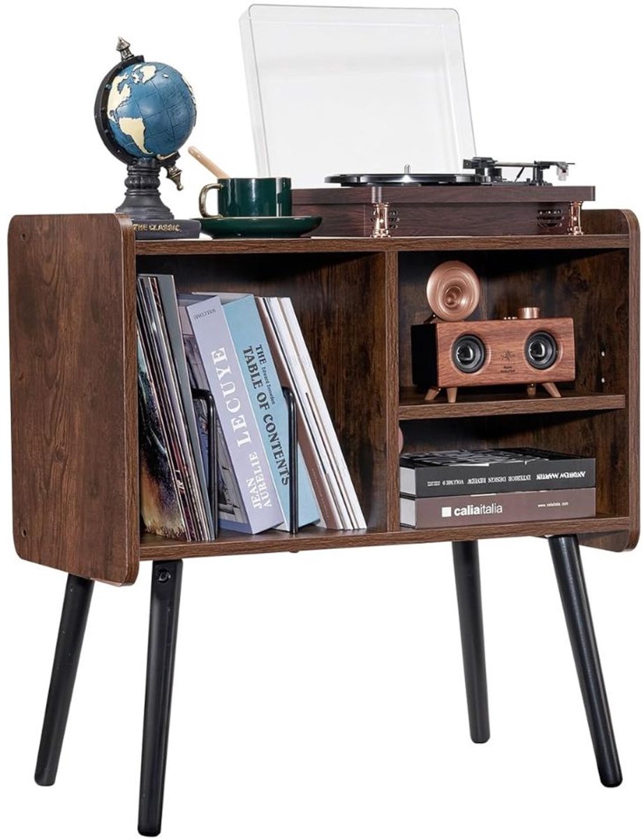 SNJY® Platenspeler Meubel - Platenspeler Kast - LP Houder - Platenhouder - 35,2D x 66B x 68,5H cm - Bruin