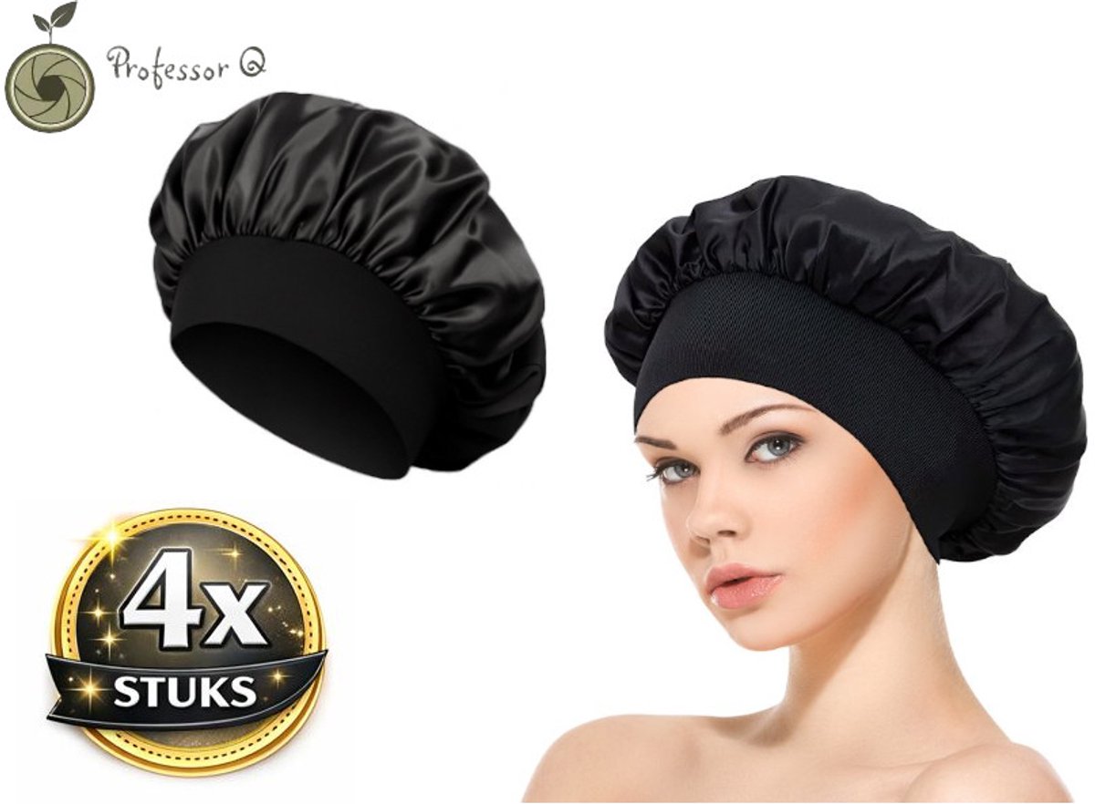 Professor Q Satijnen Slaapmuts - Slaapmuts - Satijn - Volwassenen - Dames - Satin Bonnet - Satijnen Bonnet - Met elastiek - Zwart - 4 stuks