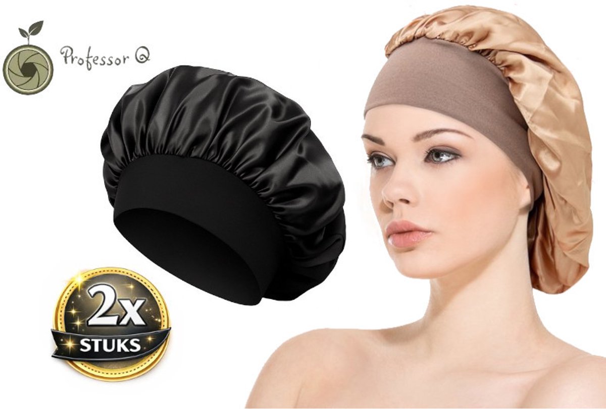 Professor Q Satijnen Slaapmuts - Slaapmuts - Satijn - Volwassenen - Dames - Satin Bonnet - Satijnen Bonnet - Met elastiek - Zwart en Goud - 2 stuks
