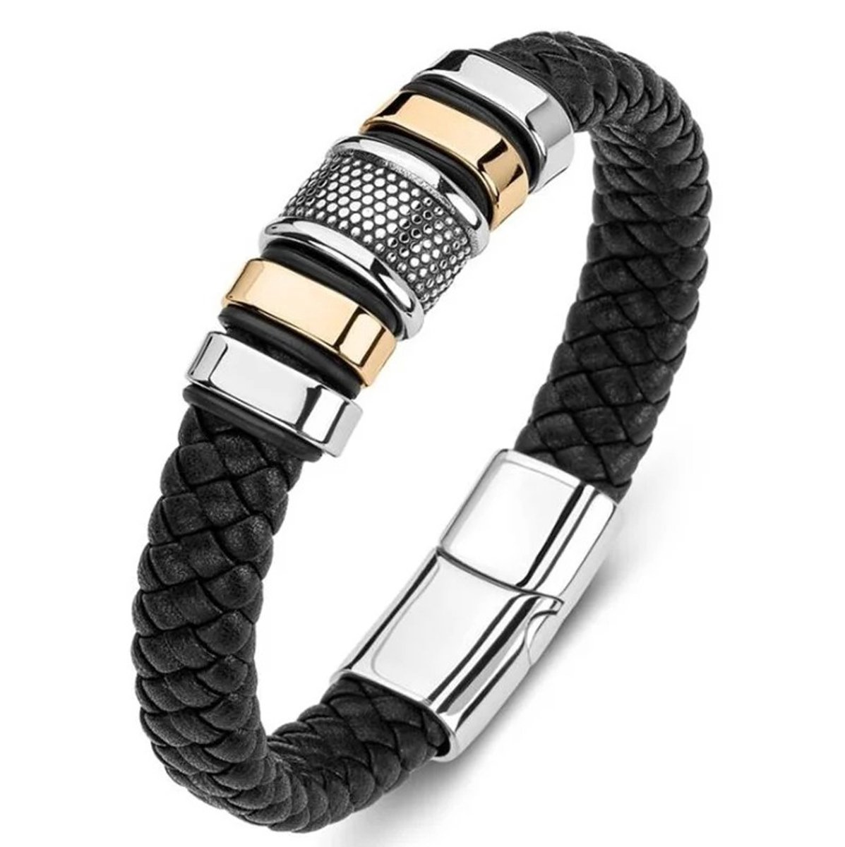 WiseGoods Luxe Heren Armband Goudkleurig RVS - Zwart Leer Armbanden - Armbandje Man - Cadeau - Sieraden Mannen - Armbandjes 23CM