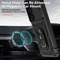 Coque de téléphone noire avec support annulaire, fixée magnétiquement à un support de voiture.