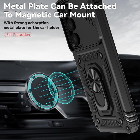 Coque de téléphone noire avec support annulaire, fixée magnétiquement à un support de voiture.