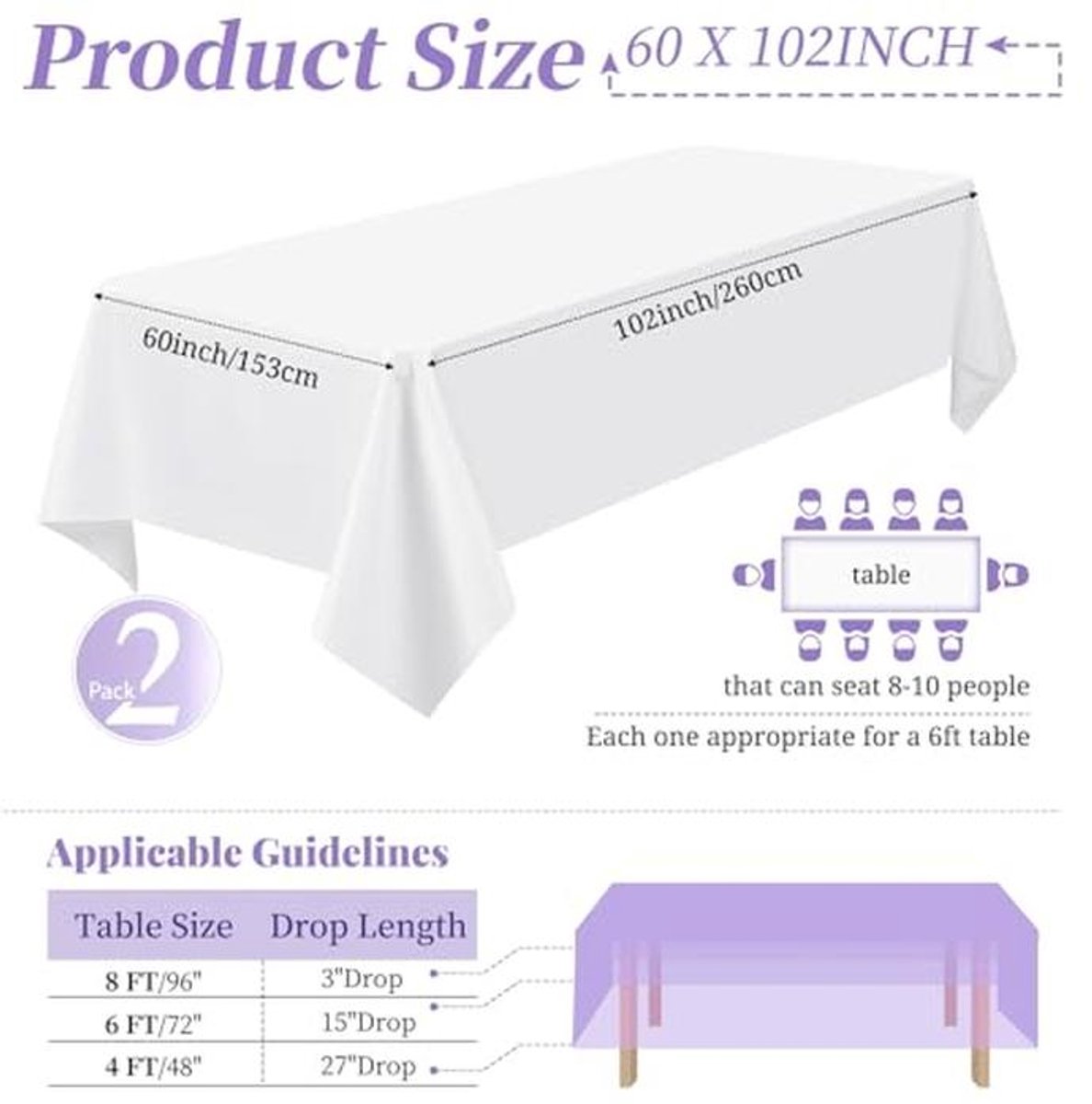 Tafelkleed 2-pack Wit 150x260 cm Polyester voor Bruiloft en Feest