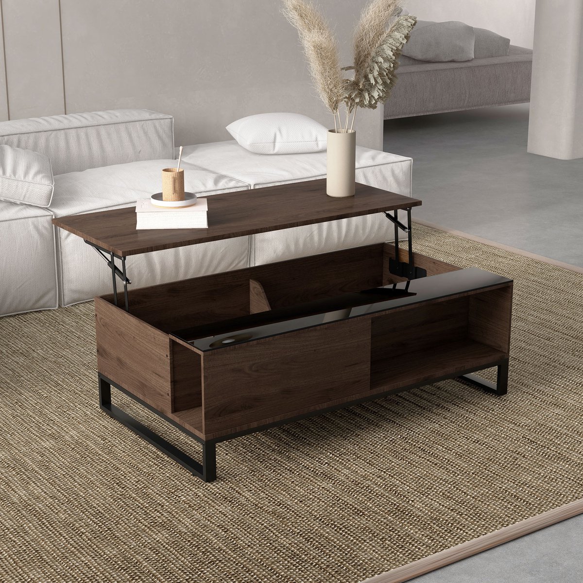 MODFU Salontafel met hefblad 102×58×35,5 cm – walnoot/zwart, opbergruimte, glas, modern Okkernoot
