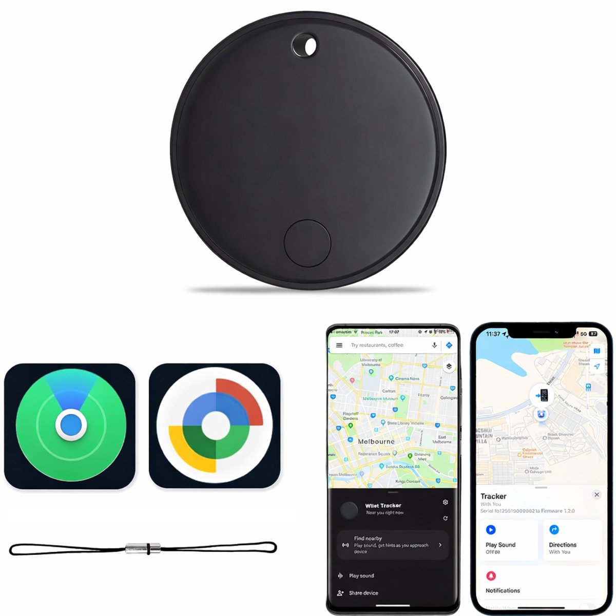 Dual System Tracker Tag - Bluetooth Tracker - Werkt met Apple Find My + Google Find Hub (Android) - Voor Sleutels, Rugzak, Koffer, Portemonnee & Auto - 1 Pack