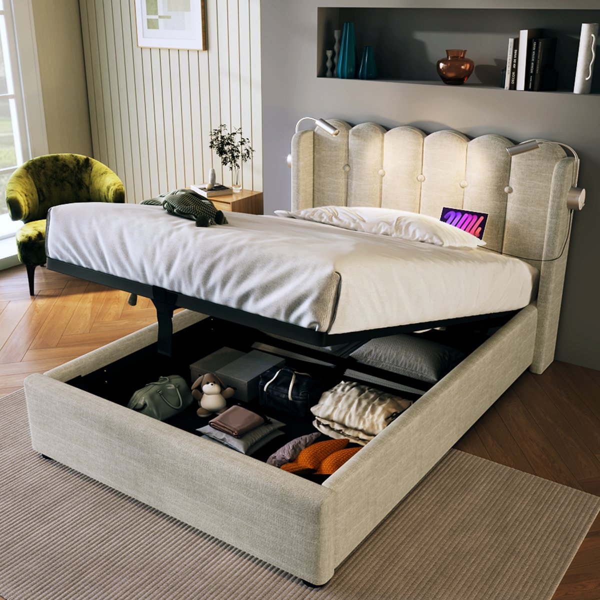 MODFU Bedframe 90x200 cm – Beige linnen met leeslamp & USB – Hydraulisch