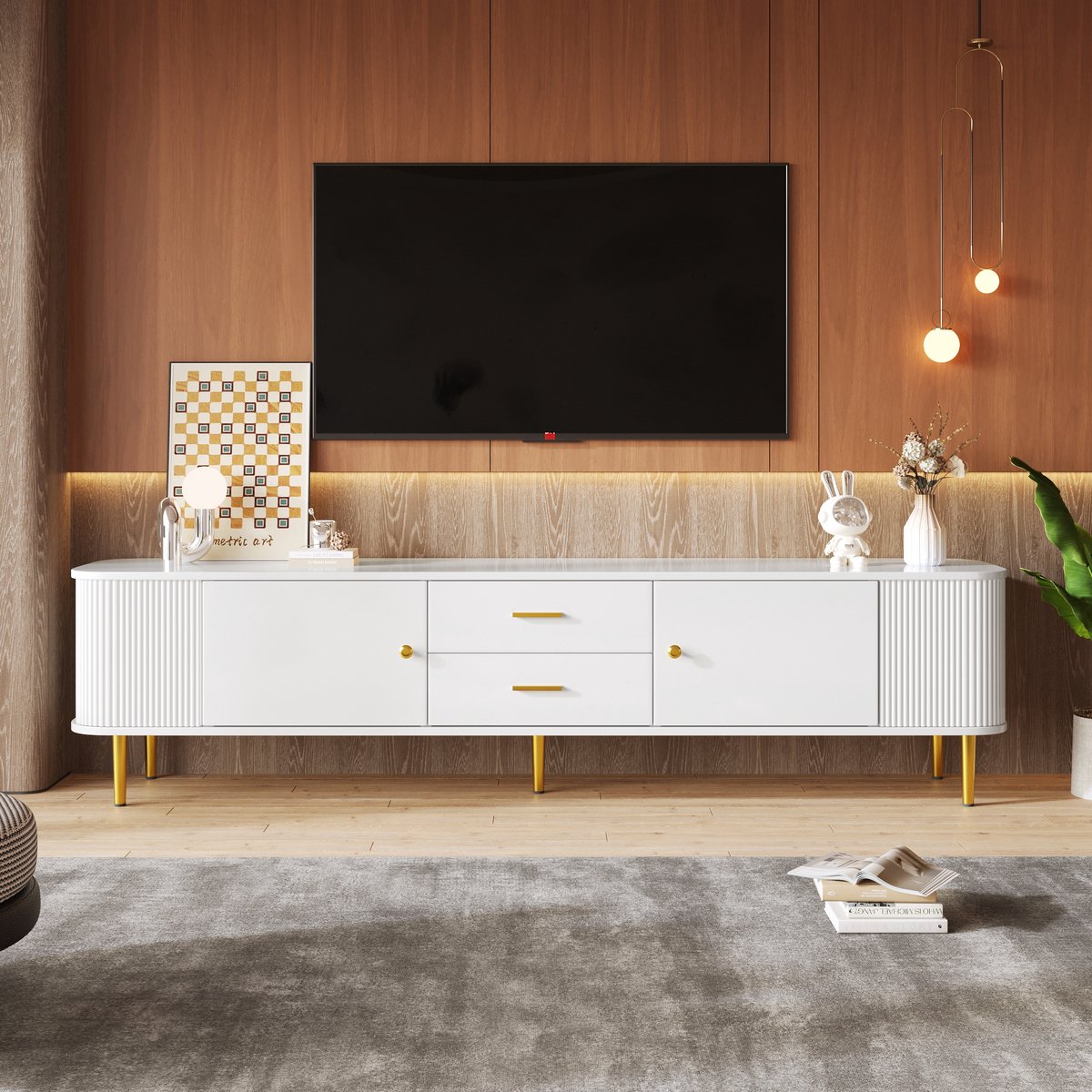 Wishdor - Tv-Meubel Met 2 Lades En 2 Deuren - Afgeronde Hoeken En Golvende Zijkanten - Mdf - Wit Met Goud - 170 x 34 x 45 cm