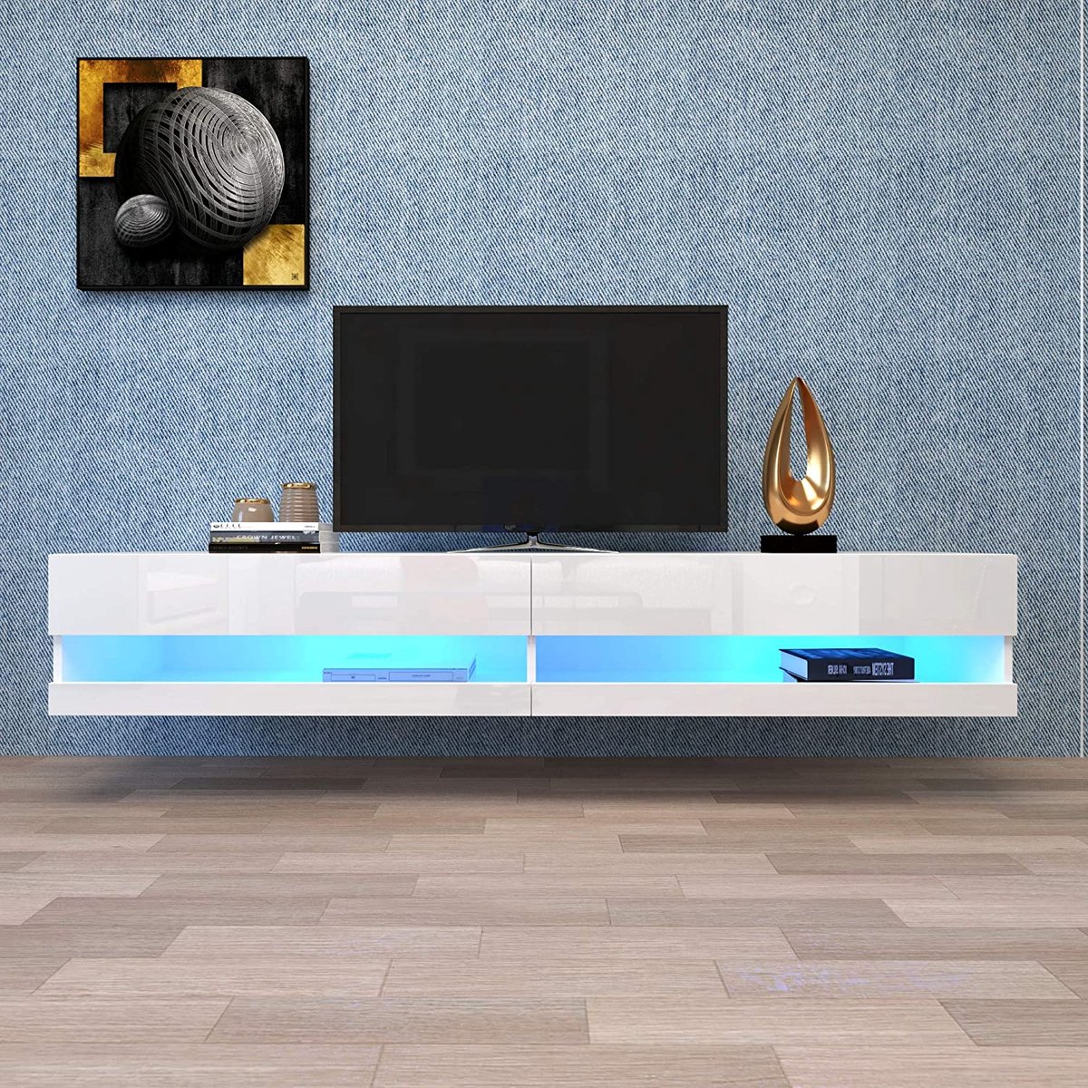 Wishdor - Zwevend Tv-Meubel Met Led-Verlichting - Hoogglans Front - Mdf - Wit - 140 X 40 X 30,5 Cm