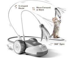 3-in-1 interactief kattenspeeltje - Kattenspeeltje met 2 snelheden - Elektrisch speelgoed met 2 hangende veren aan een koord en een beweegbare siliconen muizenstaart voor binnenkatten - Grijs
