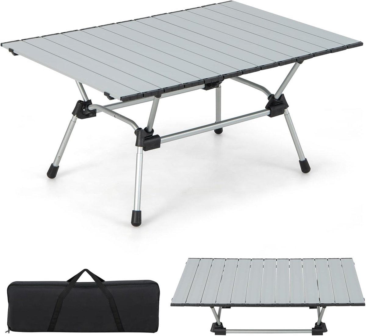 KOMFOTTEU Campingtafel, inklapbaar, klaptafel, in hoogte verstelbaar, tuintafel met oprolbaar tafelblad, multifunctionele tafel met draagtas, 90 x 60,5 x 52 cm (zilver)