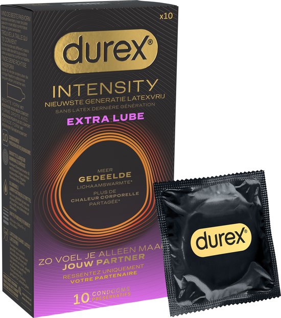 Durex Intensity, ultradunne latexvrije condooms met extra glijmiddel. Doos met 10 stuks, 'Extra Lube', 'Meer Gedeelde Lichaamswarmte', en één individueel verpakt condoom.
